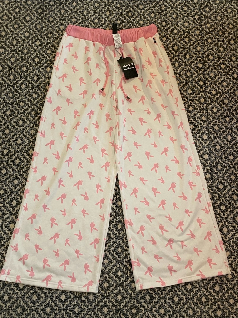 PLAYBOY White Pajama Bottoms with Pink Ribbon Print